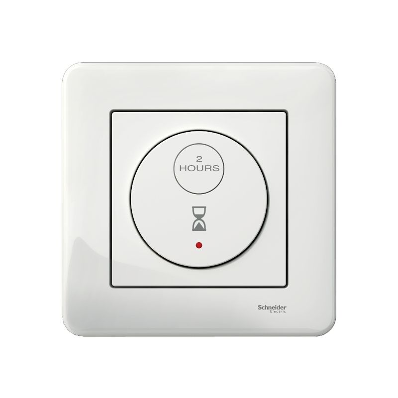 Valge, ruudukujuline Schneider Electricu elektrooniline taimer, mille keskel on väike digitaalne monitor.