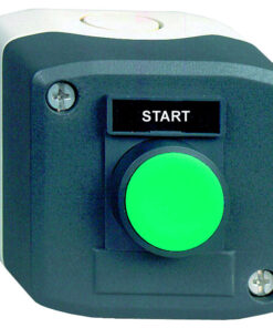Schneider Electric tumehall START-nupukorpus, roheline nupp Tumehall nupukorpus, millel on roheline ümmargune nupp ja must START-kilp.