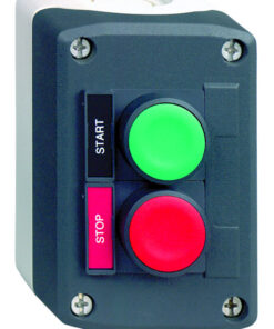 Schneider Electric tumehall nupukorpus Start-Stop-nuppudega Tumehall nupukorpus, millel on roheline Start-nupp ja punane Stop-nupp, kinnituskruvid nähtavad.