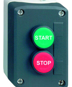 Schneider Electric tumehall nupukorpus, START ja STOP nupud Tume nupukorpus, millel on roheline START-nupp ja punane STOP-nupp. Neli kinnituskruvi nurkades.