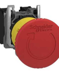 Punane ümmargune hädaseiskamisnupp Schneider Electricu logoga ja kollase taustaga.