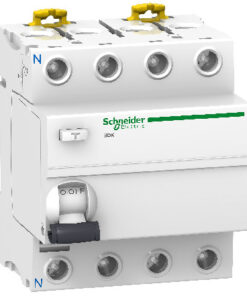 Schneider Electric Acti 9 IIDK rikkevoolukaitselüliti nelinooluline, valge korpus, roheline logo, külgvaade.