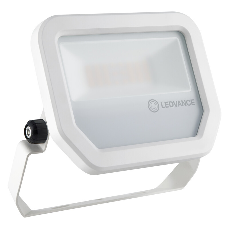 Valge ristkülikukujuline LED-prožektor metallist kinnitusdetailiga, ees Ledvance logo.