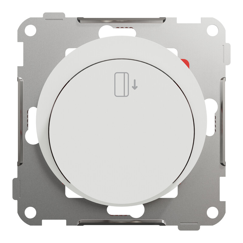 ELKO ONE kaardilüliti valge, Schneider Electric Ümmargune valge kaardilüliti metallraamis. Selge sümbol ja nool esiküljel.