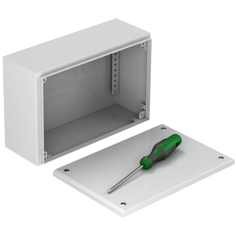 Schneider Electric klemmikarp 300x600x120, eemaldatav kaas Valge ristkülikukujuline metallist klemmikarbi kest, eemaldatav kaas ja roheline kruvikeeraja.