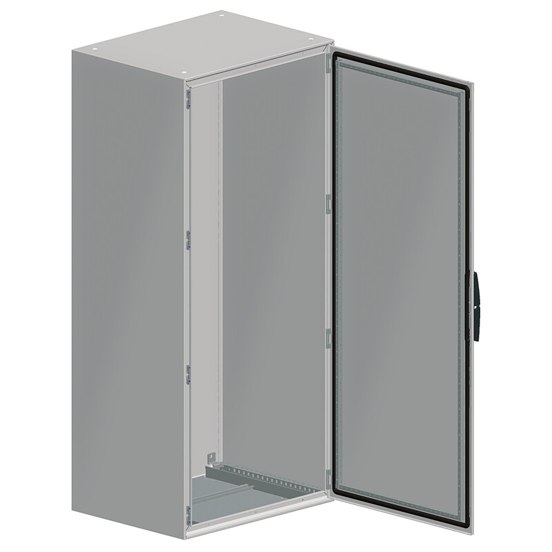 Schneider Electric põrandale paigaldatav kapp, hall, kaks ust, 1800x1600x400 mm Metallist põrandale paigaldatav kapp, hall raam, kaks ust, üks uks lahti, sees paigaldusplaat nähtav.