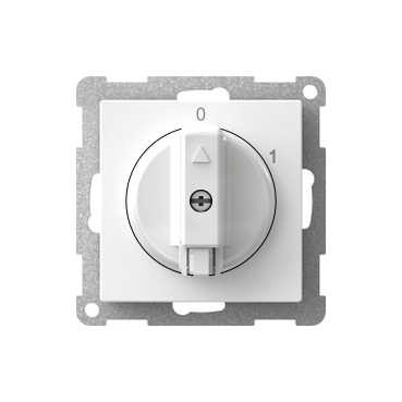 Schneider Electric Exxact kahepositsiooniline 0-1 pöördlüliti, valge Valge kahepositsiooniline pöördlüliti, millel on 0-1-asendid, ruutraam metallist tagaplaadiga.