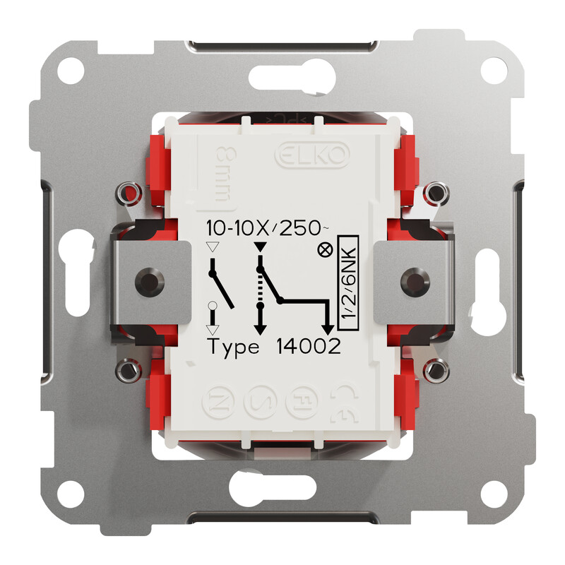 ELKO ONE kaardilüliti, valge - Schneider Electric Valge ELKO ONE kaardilüliti, mustad tehnilised tähised, hall metallist taust. Pildil on toote esikülg.