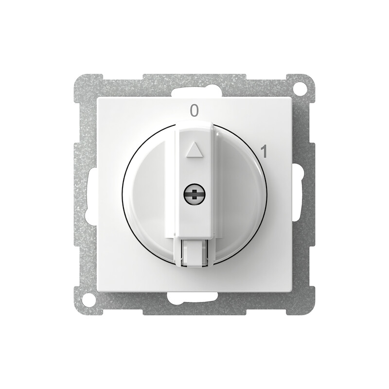 Schneider Electric Exxact 2-pooluseline lüliti 0-1, valge Valge, ümmargune Exxact-lüliti 0-1 asendiga, metallraam taustal.