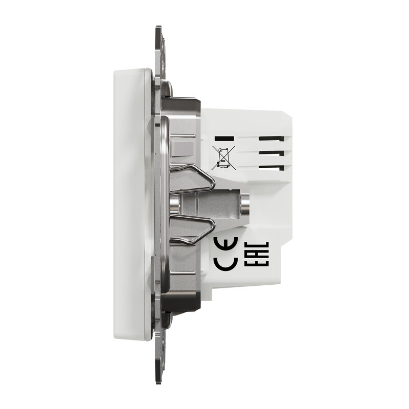 Schneider Electric relelüliti Exxact 10 A külgvaates Külgvaade valgest Schneider Electric releelülitist, ümmargune metallraam ja tähistega tekstid.