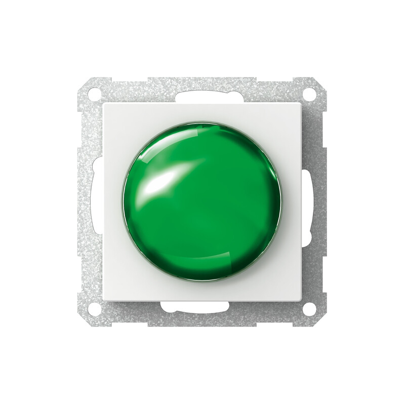 Schneider Electric Exxact E10 roheline märgutuli, valge raam Valge seinaklõpsu raam, mille keskel ümmargune roheline märgutuli.
