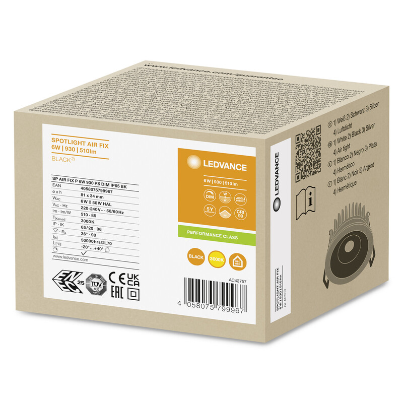 LEDVANCE SP AIR FIX 6W/930 PS DIM IP65 BK - energiatõhus valgusti LED-valgusti pakend pruunil taustal, pakendi küljel on nähtavad detailide andmed.